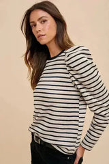Annie Wear Striped Round Neck Puff Sleeve French Terry Top - Femstylo