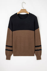 Dark Brown Colorblock Striped Sleeve Detail Knit Sweater