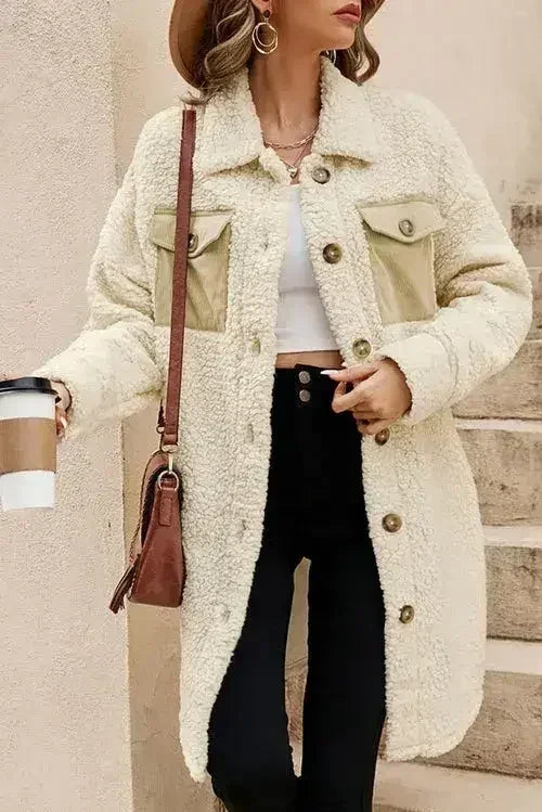 Beige Contrast Flap Pocket Single Breasted Teddy Coat - Femstylo