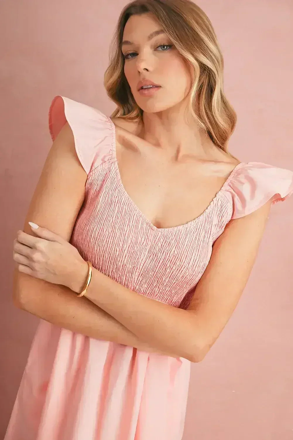 Black V Neck Flutter Sleeve Smocked Bodice High Waist Ruffle Maxi Dress - Femstylo