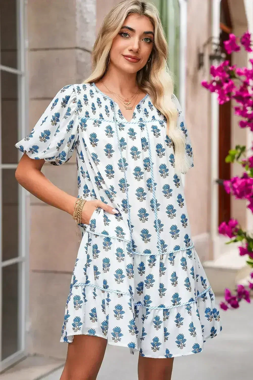 Sky Blue Floral Print Puff Sleeve Tiered Mini Dress - Femstylo