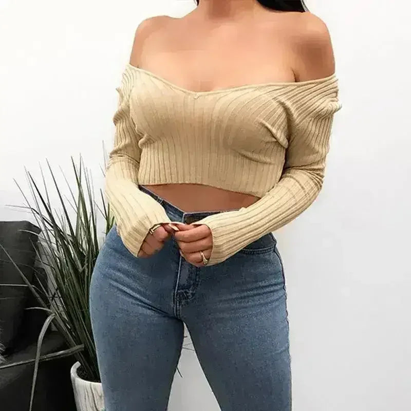 Cotton black short crop top Women autumn v neck off shoulder - Femstylo