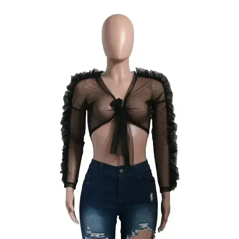 Black gothic style woven crop top women Sexy transparent club - Femstylo