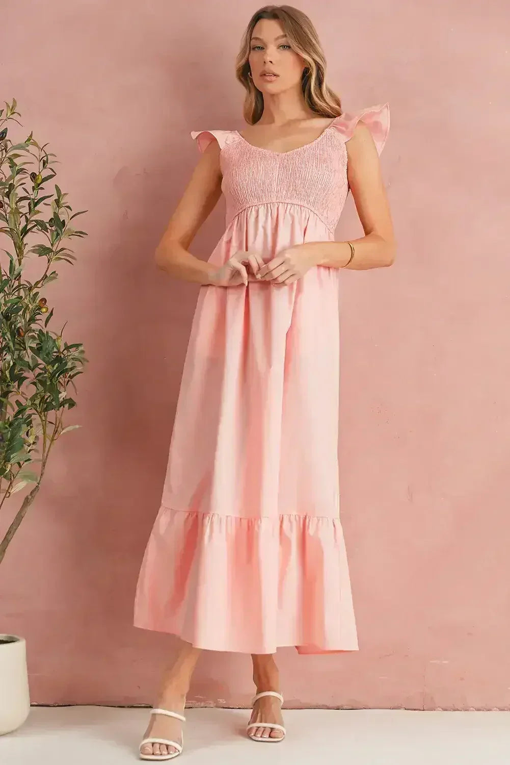 Black V Neck Flutter Sleeve Smocked Bodice High Waist Ruffle Maxi Dress - Femstylo