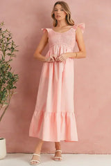 Black V Neck Flutter Sleeve Smocked Bodice High Waist Ruffle Maxi Dress - Femstylo