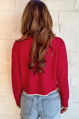 Fiery Red Contrast Trim Big Bow Accent Cropped Sweater