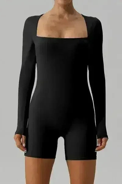 Square Neck Long Sleeve Active Romper - Femstylo