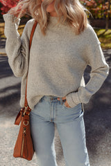 Gray Morn Waffle Knit Ribbed High Neck Drop Shoulder Sweater
