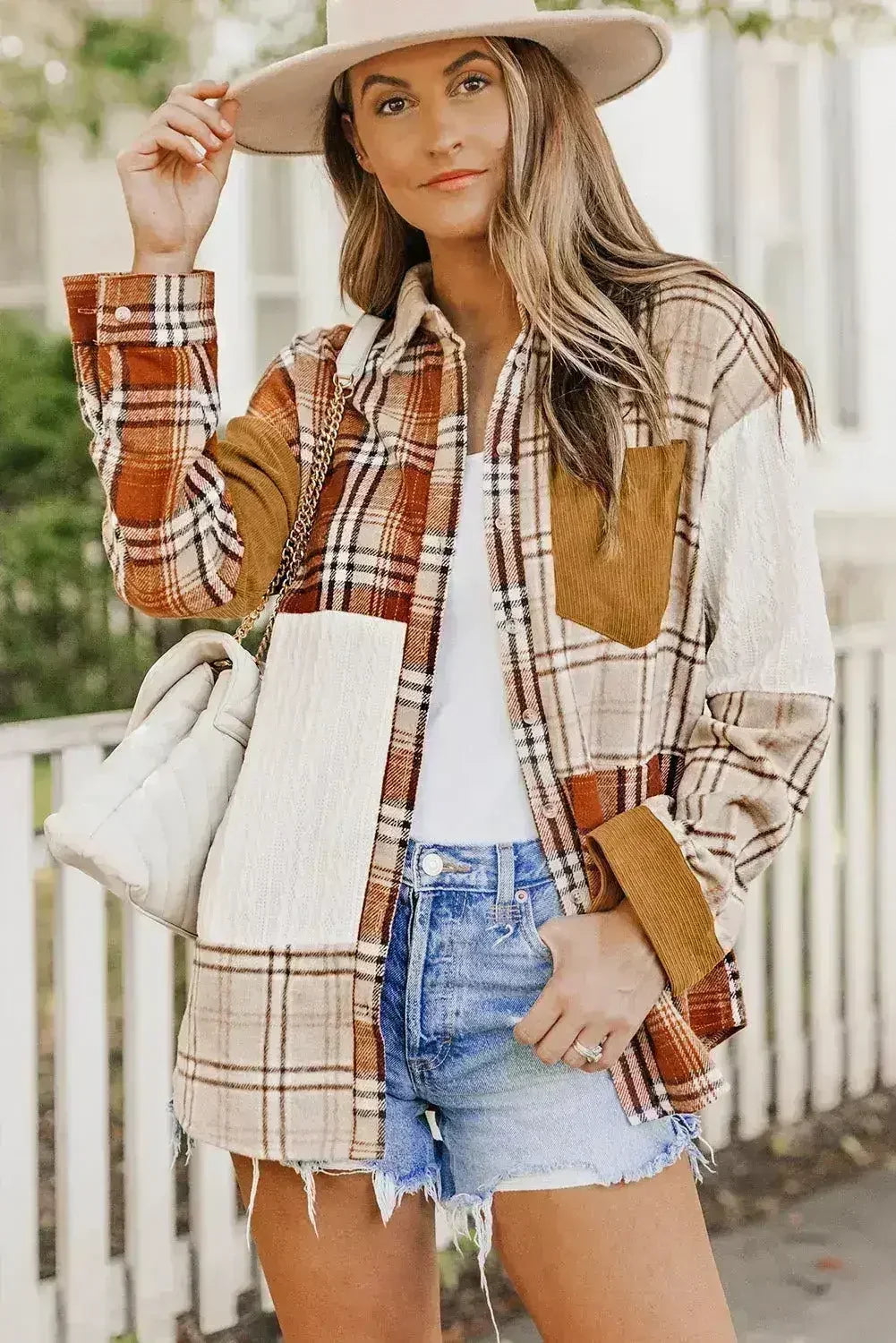 Plaid Color Block Patchwork Shirt Jacket with Pocket - Femstylo