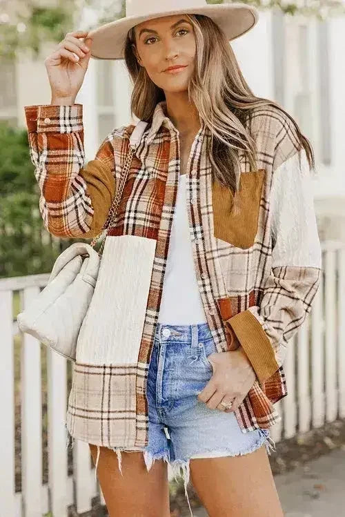 Plaid Color Block Patchwork Shirt Jacket with Pocket - Femstylo