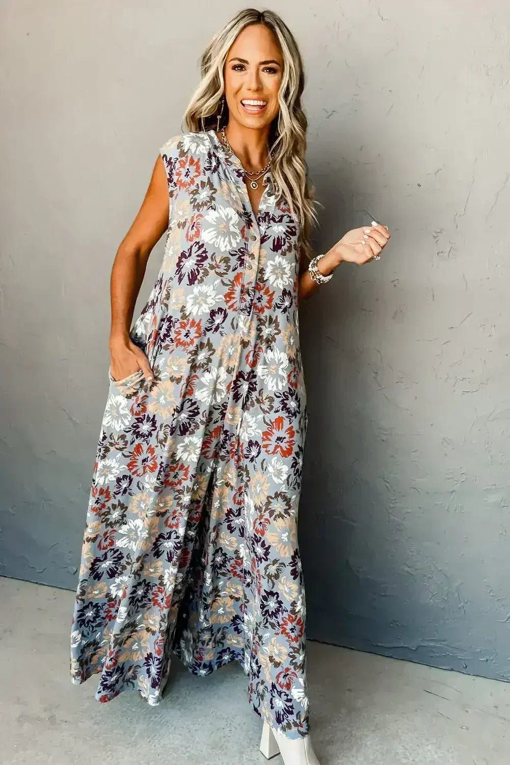 Sky Blue Floral Sleeveless Pocketed Wide Leg Jumpsuit - Femstylo