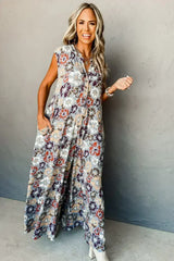 Sky Blue Floral Sleeveless Pocketed Wide Leg Jumpsuit - Femstylo
