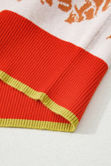 Khaki Ribbed Detail Floral Pattern Zip Collar Pullover Sweater