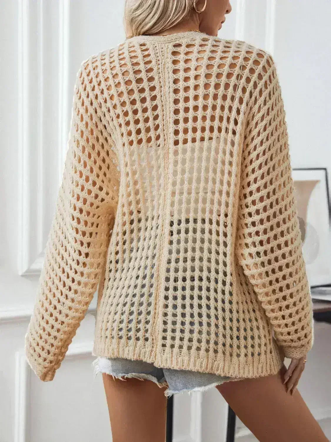 Openwork Open Front Long Sleeve Cardigan - Femstylo