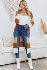 Multicolor Knitted Color Block Open Front Long Cardigan