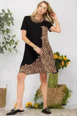 Celeste Full Size Decor Button Leopard Short Sleeve Dress Plus Size - Femstylo