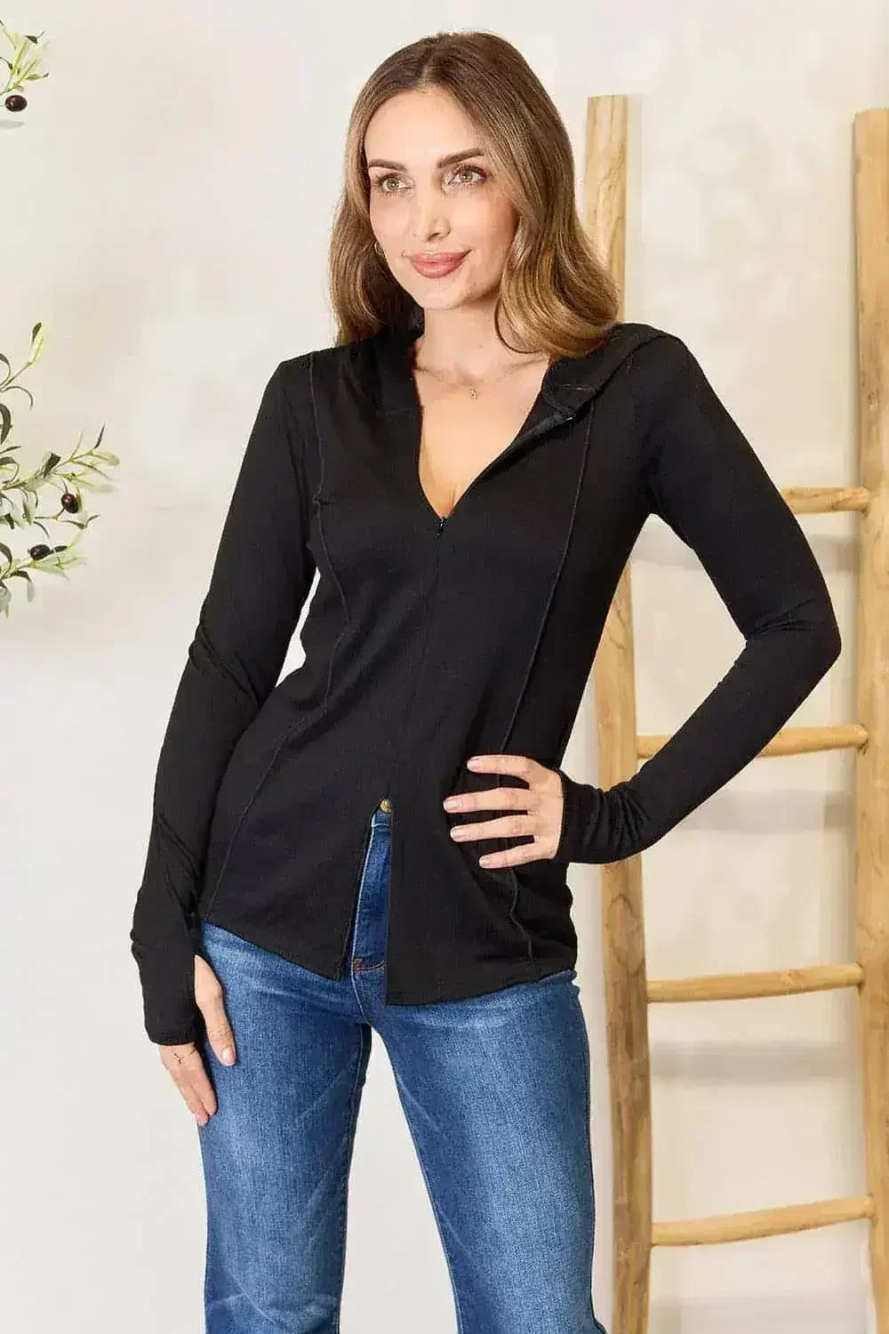 Black Exposed Seam Hoodie - Edgy Long Sleeve Design | Femstylo - Femstylo