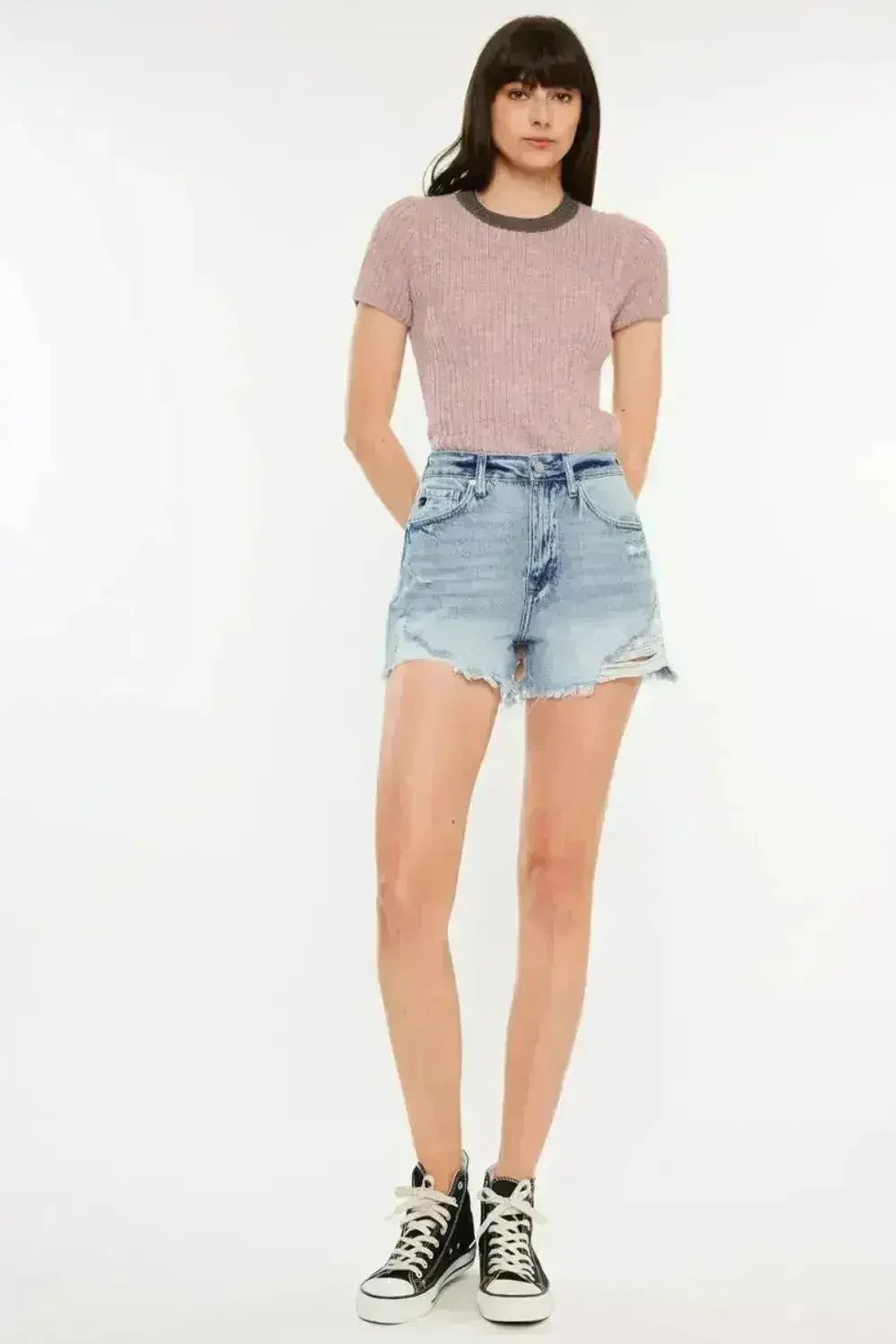 Kancan Distressed High Waist Denim Shorts with Pockets - Femstylo