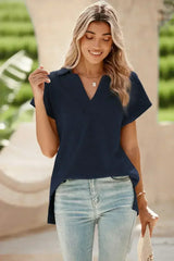 White Textured V Neck Collared Split Hem T Shirt - Femstylo