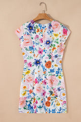 Sky Blue Vibrant Floral Print Cap Sleeve Mini Dress