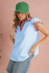 Beau Blue Color Collared V Neck Ruffle Sleeve Blouse | Femstylo - Femstylo