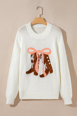 White Embroidered Bow Boots Graphic Drop Shoulder Sweater