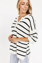 White Stripe Drop Shoulder Bracelet Sleeve Henley Knit Tee