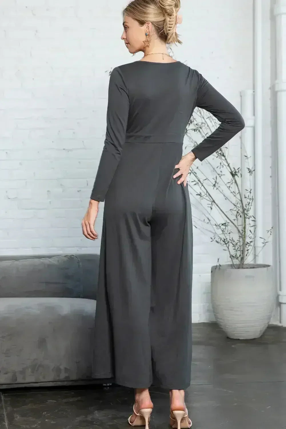 Dark Grey Henley Long Sleeve Wide Leg Jumpsuit with Pockets - Femstylo