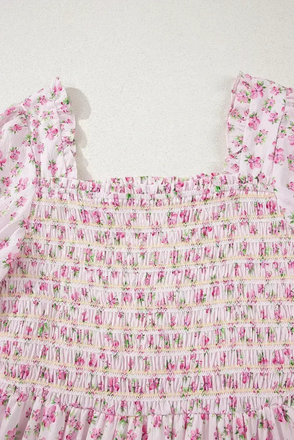 White Frill Neckline Shirred Bodice Floral Maxi Dress - Femstylo