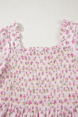 White Frill Neckline Shirred Bodice Floral Maxi Dress - Femstylo