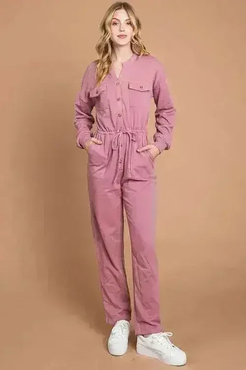 Culture Code Full Size Button Up Drawstring Waist Straight Jumpsuit - Femstylo
