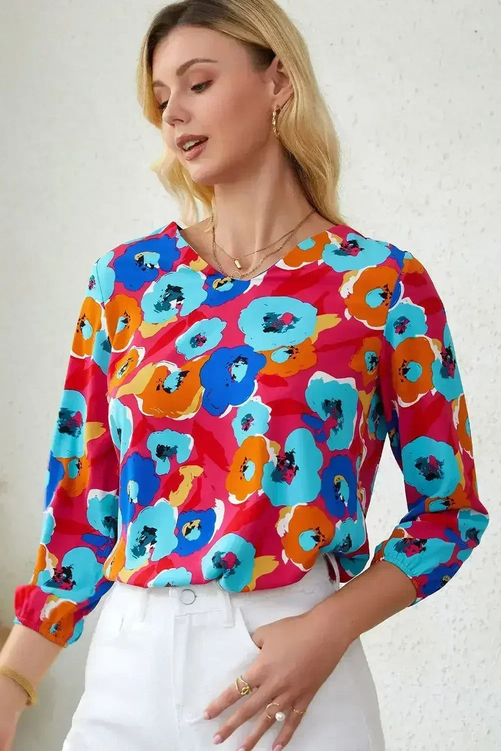 Floral Print V Neck Blouse - 3/4 Sleeve & Non-Stretch | Femstylo - Femstylo
