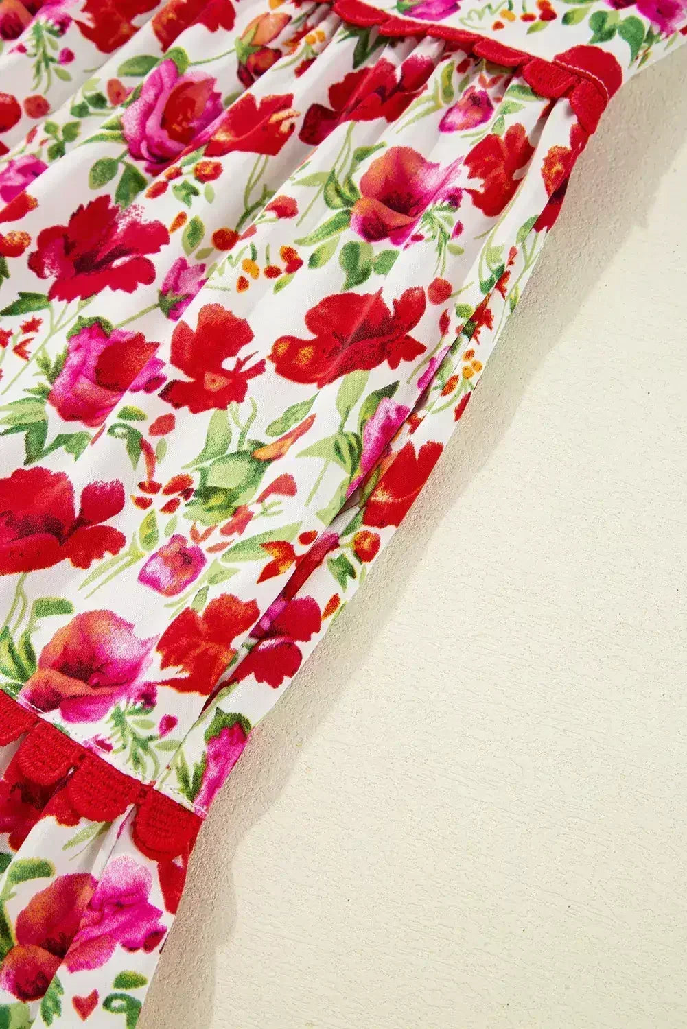 Red Floral Puff Sleeve Tiered Ric Rac Pocketed Mini Dress - Femstylo