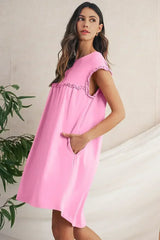 Oatmeal Frilled Trim Crewneck Loose Fit Mini Dress - Femstylo