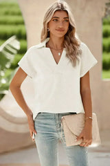 White Textured V Neck Collared Split Hem T Shirt - Femstylo