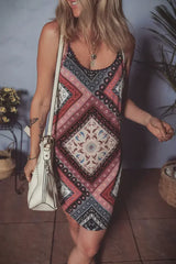 Red Geometric Paisley Print Sleeveless Mini Dress - Femstylo