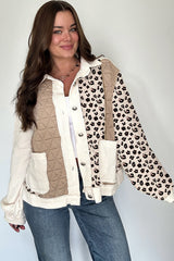 Khaki Leopard Waffle Quilted Patchwork Button Front Jacket