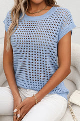 Sky Blue Hollow Out Short Sleeve Knit Top