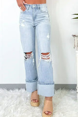 Beau Blue Light Wash Distressed Flare Jeans - Femstylo