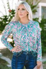 Green Floral Pleated Blouse - Relaxed Long Sleeve Top | Femstylo - Femstylo