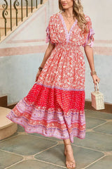 Red Boho Floral Tassel Tie Sleeve Maxi Dress - Femstylo