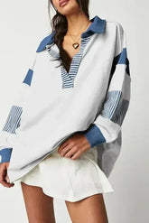 Dark Blue Striped Colorblock Patchwork Collar Sweatshirt - Femstylo