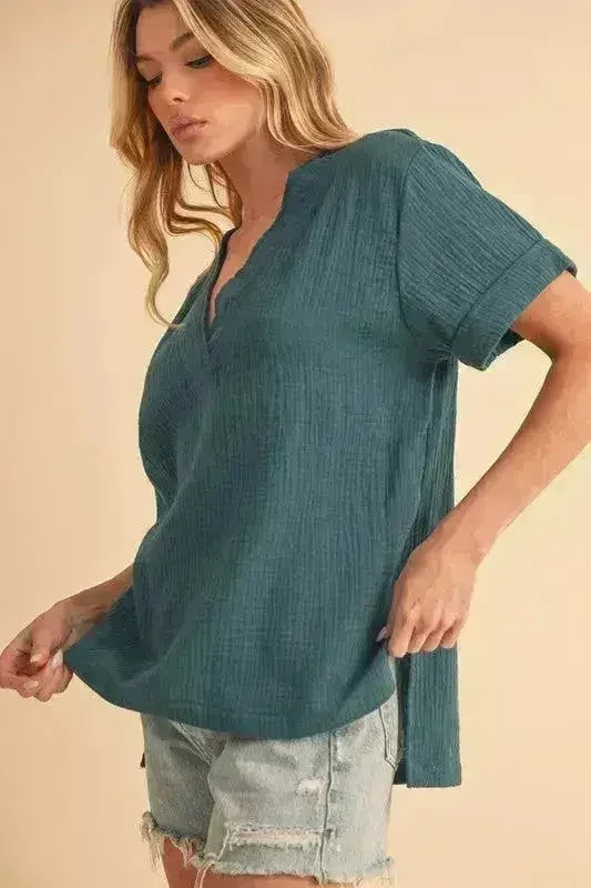 Aemi + Co Side Slit V-Neck Short Sleeve Blouse - Femstylo