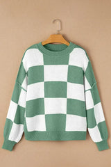 Green Checkered Bishop Sleeve Pullover Sweater - Femstylo