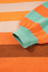 Orange Striped Colorblock High Neck Drop Shoulder Cozy Sweater