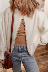 White Pearl Embellished Open Front Elegant Cardigan
