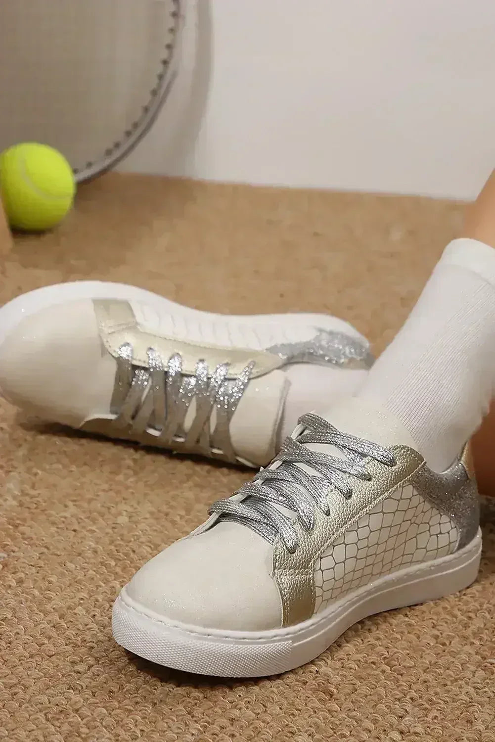 Gold Glitter Star Patchwork PU Leather Lace-up Sneakers - Femstylo