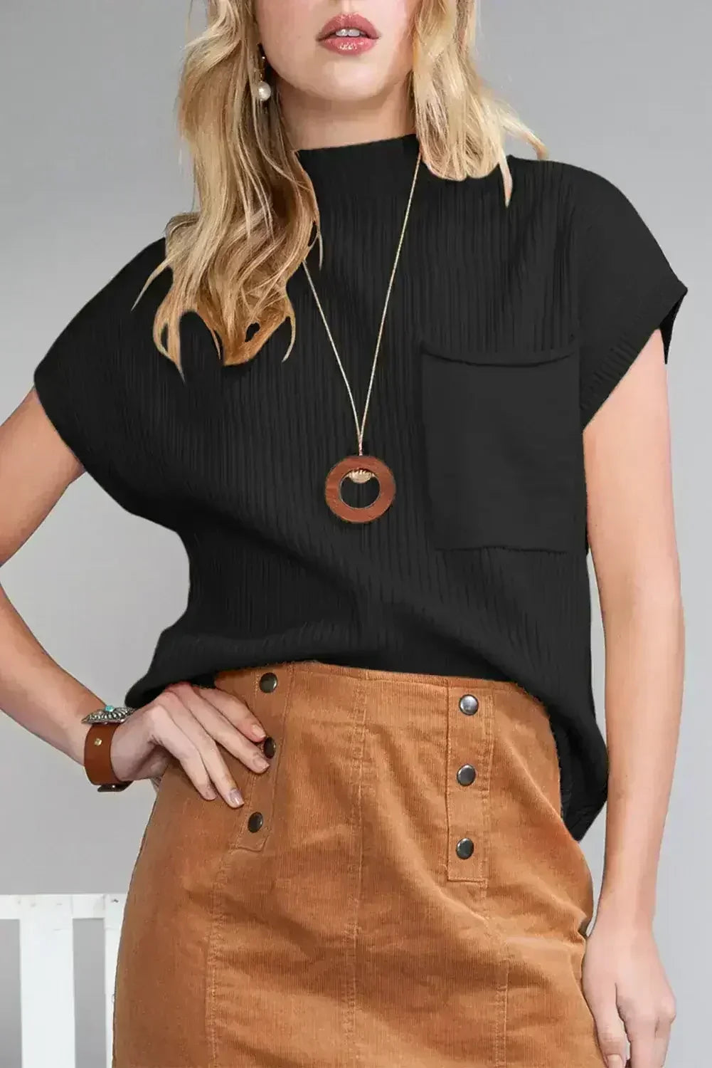 Mineral Red Patch Pocket Ribbed Knit Short Sleeve Sweater - Femstylo