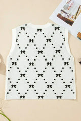 White Bow Pattern Buttoned Side Cropped Sweater Vest - Femstylo