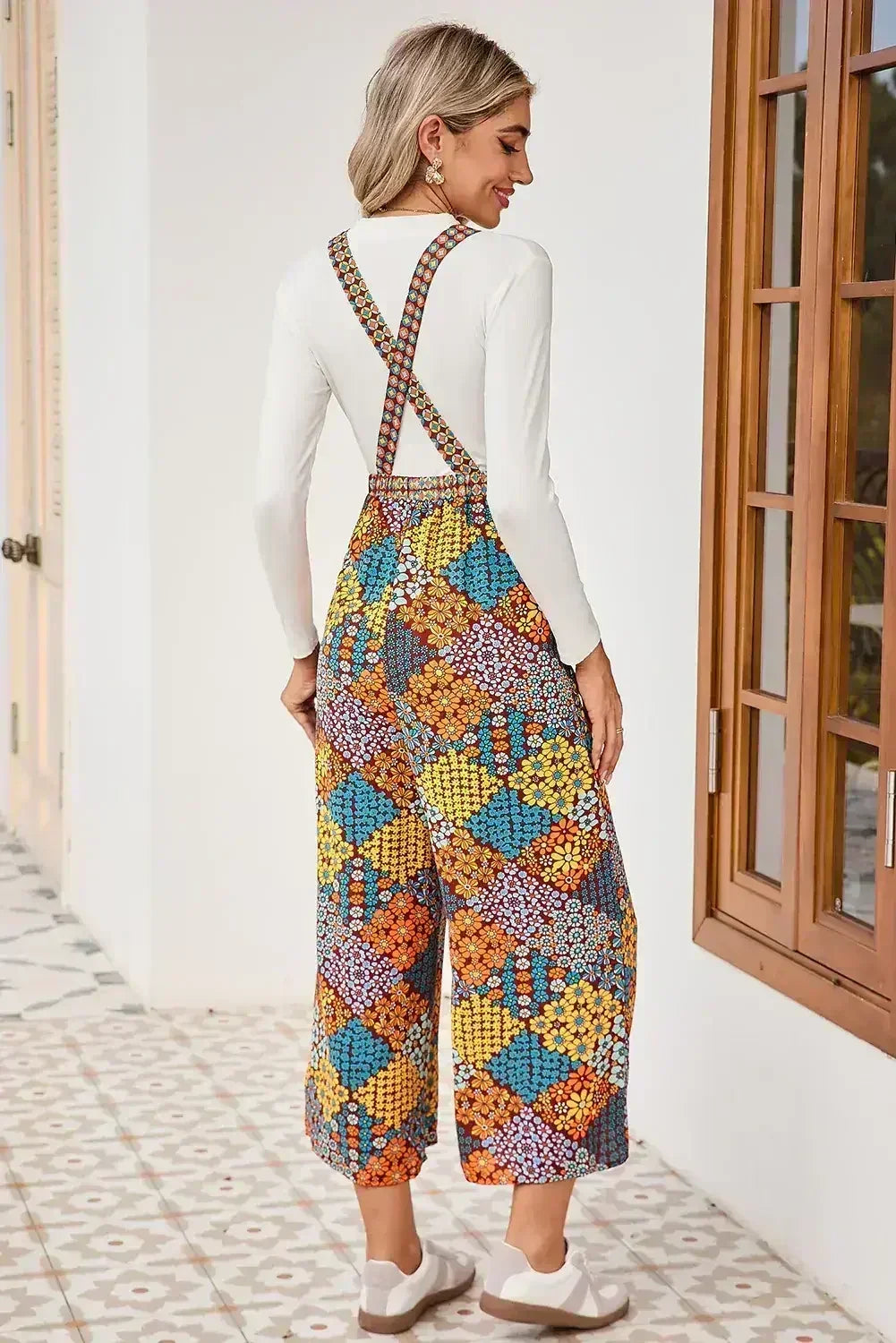 Multicolour Boho Floral Print Cropped Wide Leg Overalls - Femstylo
